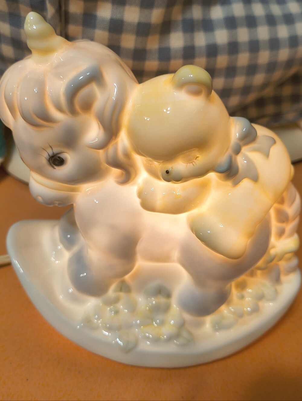 Vintage Enesco Baby Bear on Rocking Horse Nursery Night Light Lamp 1988